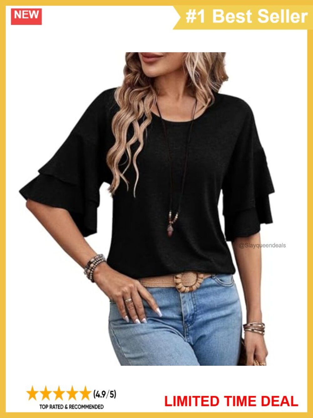 Women's Crew Neck Double Ruffle 3/4 Bell Sleeve Tunic T-Shirt Casual Top